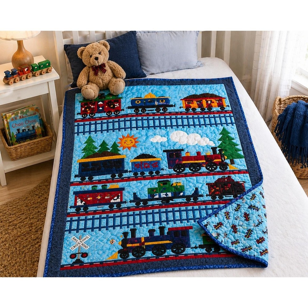 Train Quilt Throw Kids Nursery Railroad Cotton Flannel Back 42x36